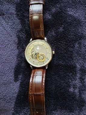 Jaragar Men’s Automatic Mechanical Open Heart Watch Gold Dial Brown Leather
